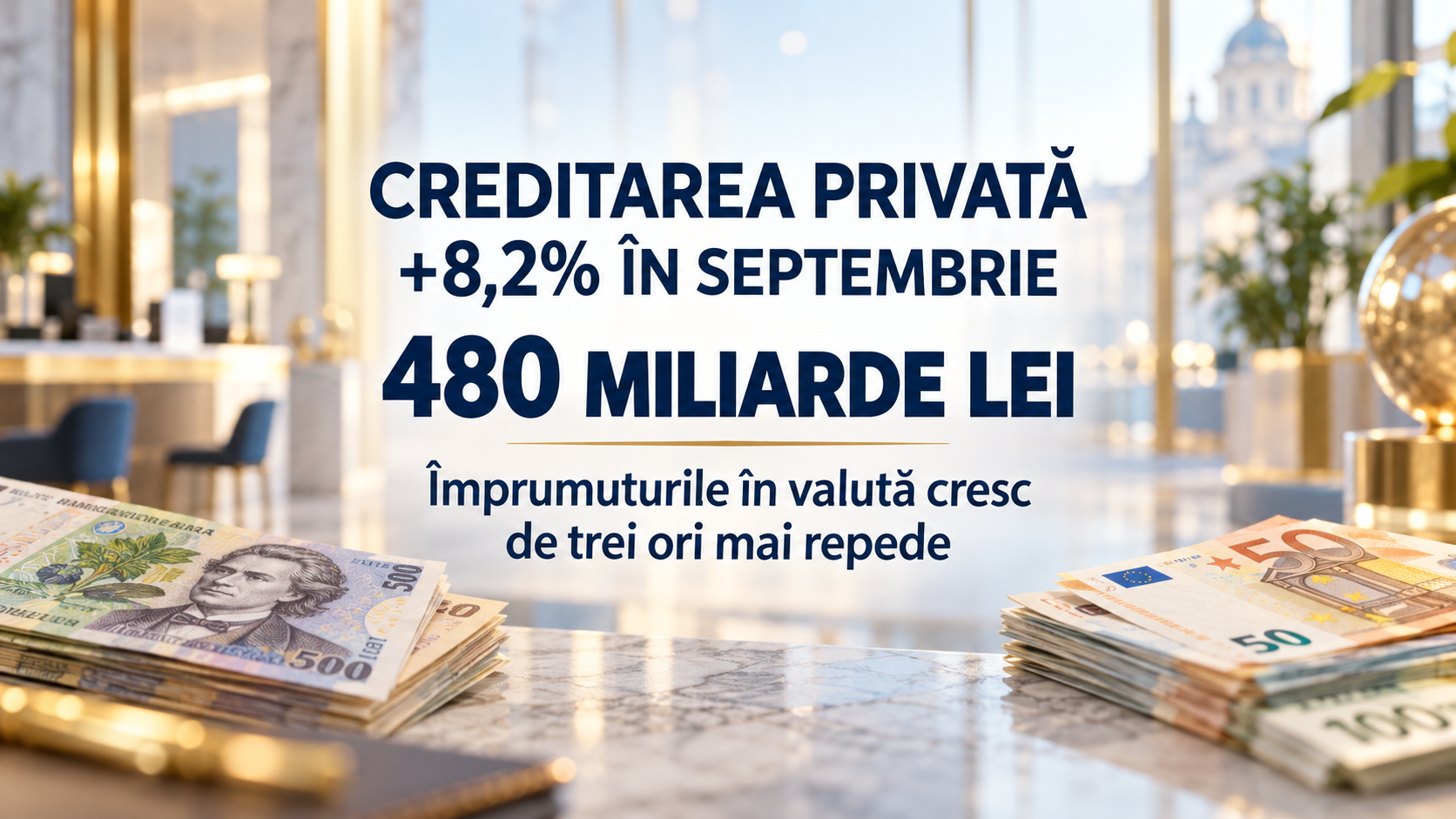 Creditarea privată a crescut 8,2% în septembrie, la 480 miliarde lei. Împrumuturile în valută avansează de trei ori mai repede